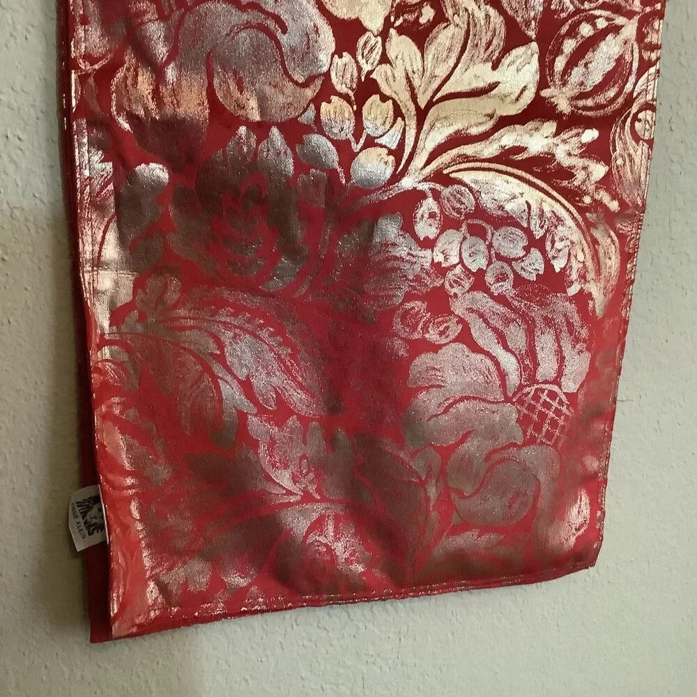 Anne Klein Wine/Gold Floral Table Runner 16in x 90in Christmas Nostalgic Decor